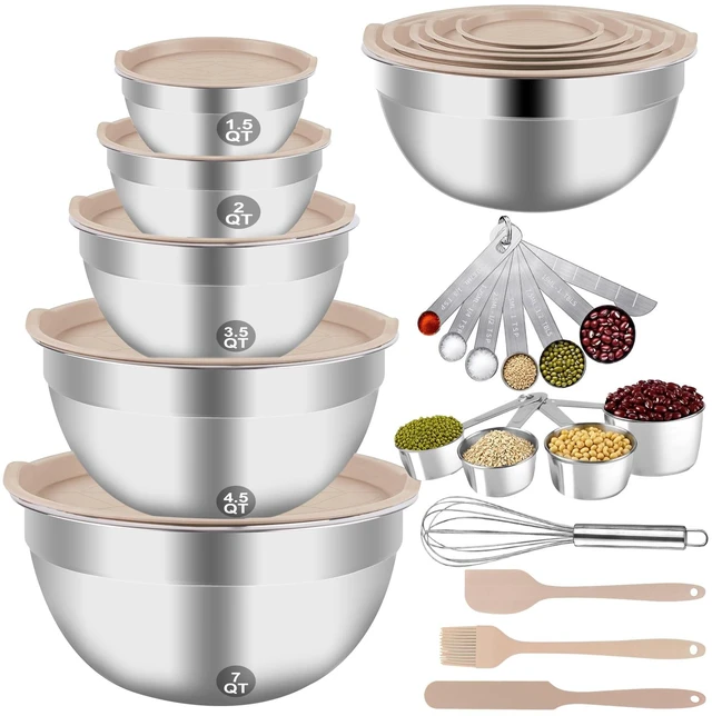 Main image of Mixing Bowls Set, 25PCS Khaki Mixing Bowls With Lids Set Stainless Steel Kitchen Large Nesting Metal Bowl 7QT to 1.5QT, Measuring Cups and Spoons for Prepping Cooking Serving