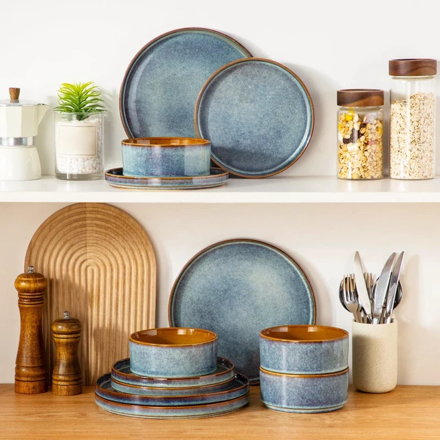 Alt view image 5 of 7 - ONION Ceramic Plates and Bowls Sets for 4, 12 Pieces Stoneware Dinnerware Sets, Reactive Glaze Dishes Set for Kitchen, Dishwasher and Microwave Safe, Blue