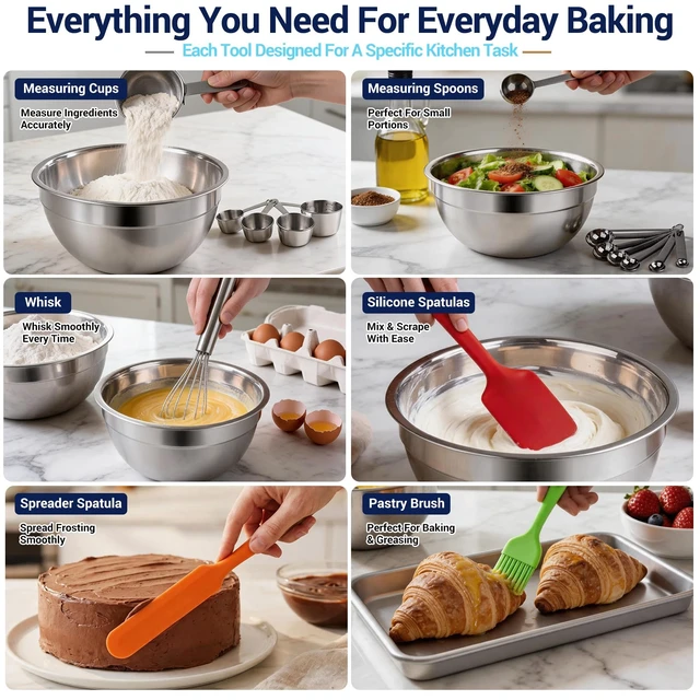 Alt view image 5 of 7 - Mixing Bowls with Lid Set, 25PCS Kitchen Utensils Metal Bowl Stainless Steel Nesting Bowls, Measuring Cups and Spoons, Egg Whisk for Baking Prepping Cooking Serving Supplies