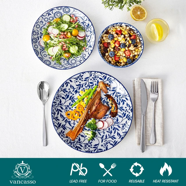 Alt view image 4 of 7 - SELENE Plates and Bowls Set for 4, 12 Pieces Dinnerware Sets, Mircowave and Dishwasher Safe Dishes Set, Porcelain Blue Dinnerware