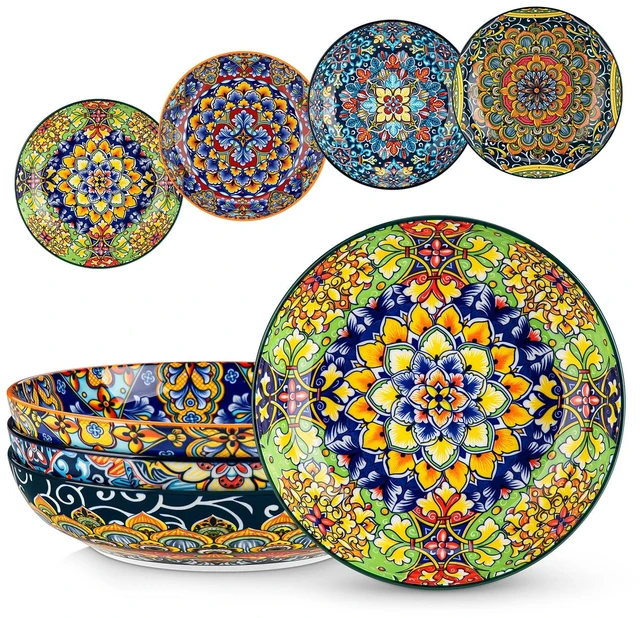 Main image of Pasta Bowls Set of 4, 42oz Ceramic Serving Bowls,Boho Pasta Plates
Large Shallow Bowls for Pasta, Salad, Soup, 42 oz Colorful Bowl Plates, Microwave and Dishwasher Safe Dinner Bowls