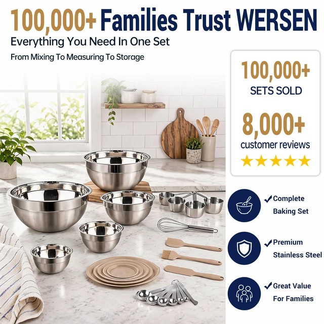 Alt view image 2 of 7 - Mixing Bowls Set, 25PCS Khaki Mixing Bowls With Lids Set Stainless Steel Kitchen Large Nesting Metal Bowl 7QT to 1.5QT, Measuring Cups and Spoons for Prepping Cooking Serving