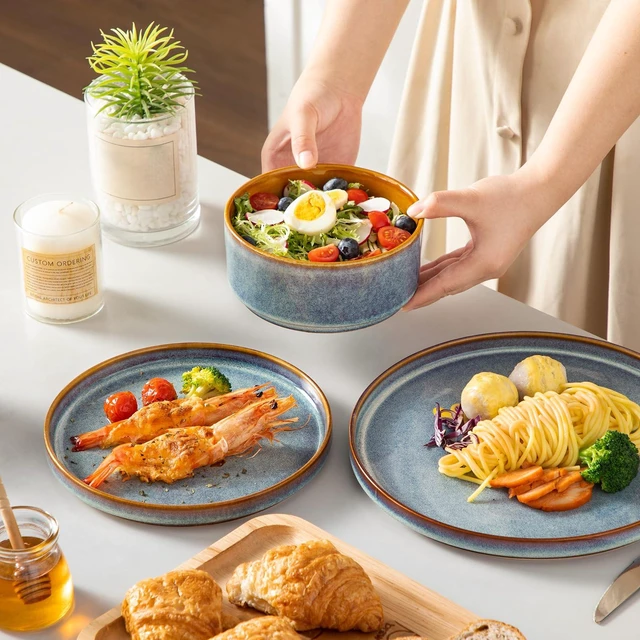 Alt view image 6 of 7 - ONION Ceramic Plates and Bowls Sets for 4, 12 Pieces Stoneware Dinnerware Sets, Reactive Glaze Dishes Set for Kitchen, Dishwasher and Microwave Safe, Blue