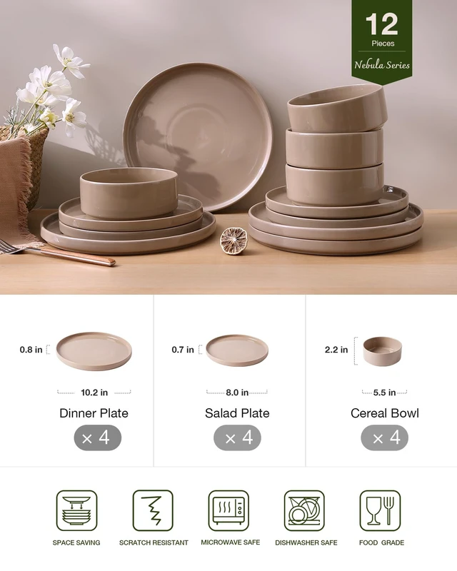 Alt view image 2 of 7 - Nebula Plates and Bowls, 12-Piece Dinnerware Set, Cinnamon Brown
Stoneware Dish Set for 4, Dishwasher and Microwave Safe, Chip and Scratch Resistant
