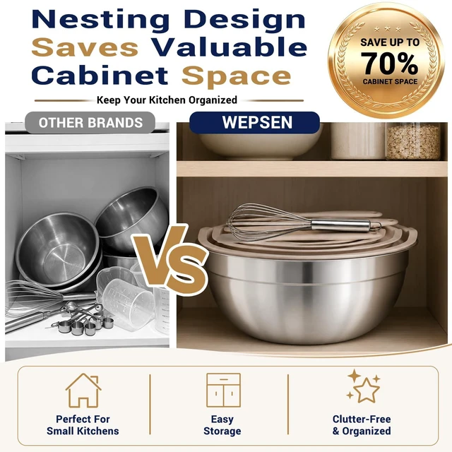 Alt view image 3 of 7 - Mixing Bowls Set, 25PCS Khaki Mixing Bowls With Lids Set Stainless Steel Kitchen Large Nesting Metal Bowl 7QT to 1.5QT, Measuring Cups and Spoons for Prepping Cooking Serving