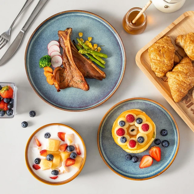 Alt view image 7 of 7 - ONION Ceramic Plates and Bowls Sets for 4, 12 Pieces Stoneware Dinnerware Sets, Reactive Glaze Dishes Set for Kitchen, Dishwasher and Microwave Safe, Blue