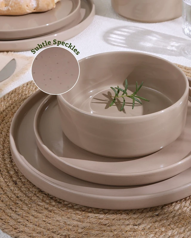 Alt view image 3 of 7 - Nebula Plates and Bowls, 12-Piece Dinnerware Set, Cinnamon Brown
Stoneware Dish Set for 4, Dishwasher and Microwave Safe, Chip and Scratch Resistant