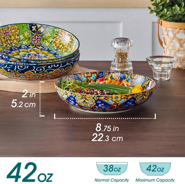 Alt view image 2 of 7 - Pasta Bowls Set of 4, 42oz Ceramic Serving Bowls,Boho Pasta Plates
Large Shallow Bowls for Pasta, Salad, Soup, 42 oz Colorful Bowl Plates, Microwave and Dishwasher Safe Dinner Bowls