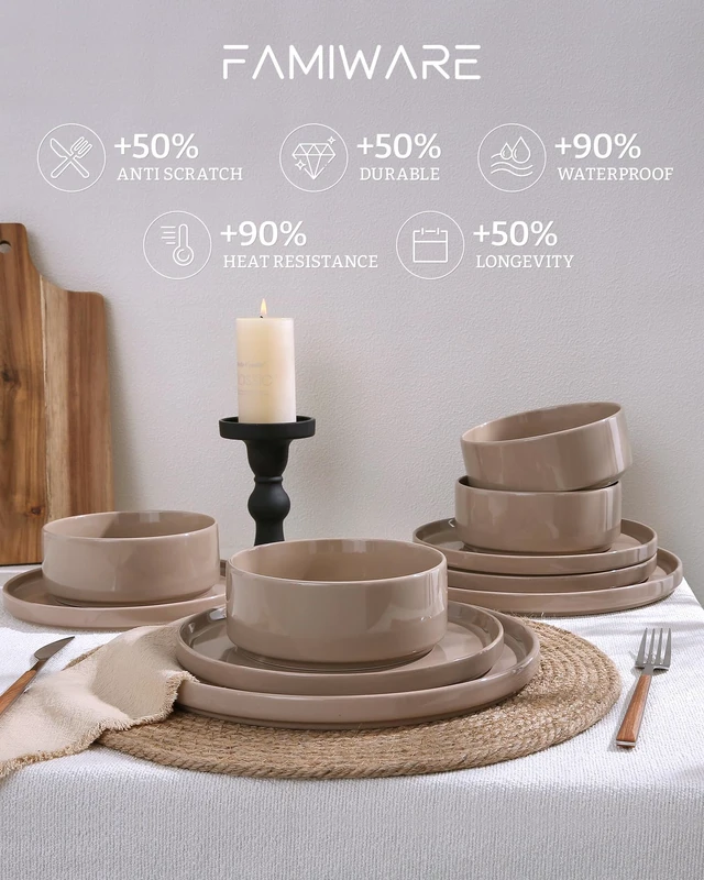 Alt view image 4 of 7 - Nebula Plates and Bowls, 12-Piece Dinnerware Set, Cinnamon Brown
Stoneware Dish Set for 4, Dishwasher and Microwave Safe, Chip and Scratch Resistant
