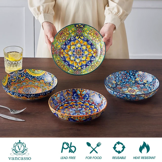 Alt view image 3 of 7 - Pasta Bowls Set of 4, 42oz Ceramic Serving Bowls,Boho Pasta Plates
Large Shallow Bowls for Pasta, Salad, Soup, 42 oz Colorful Bowl Plates, Microwave and Dishwasher Safe Dinner Bowls