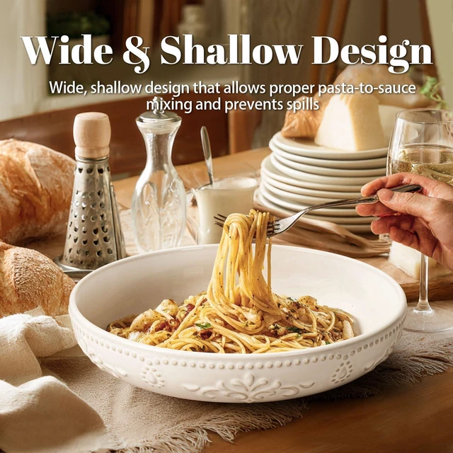 Alt view image 6 of 7 - Pasta Bowls, 50oz Large Salad Serving Bowls, 9.75'' Plates Bowls Set of 4, Big White Ceramic Soup Bowls for Kitchen, Embossment Shallow Dinner Bowl, Microwave Dishwasher Safe, Multiple Patterns