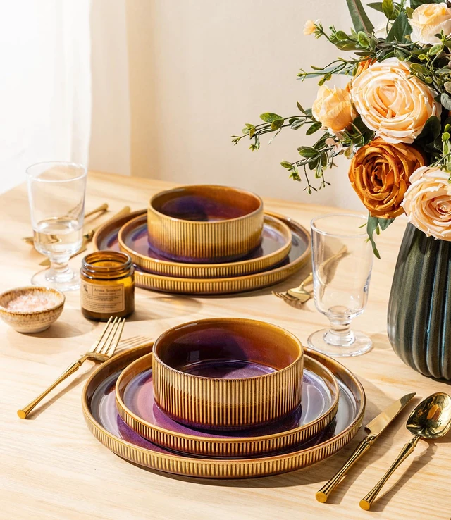 Alt view image 6 of 7 - Ceramic Dinnerware Set for 4, 12-Piece Plates and Bowls Set
Lightweight Porcelain Dish Set, Scratch Resistant, Oven & Microwave & Dishwasher Safe, Amber Amethyst