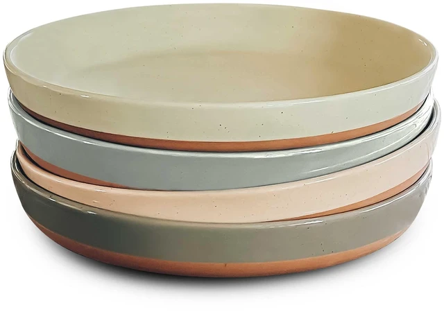 Main image of Ceramic Flat Pasta Bowl Set of 4-35oz, Microwave Safe Plate with High Edge - Modern Porcelain Dinnerware for Kitchen and Eating, Large Wide Bowls/Plates for Serving Dinner, Salad, etc- Neutrals