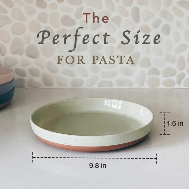 Alt view image 2 of 7 - Ceramic Flat Pasta Bowl Set of 4-35oz, Microwave Safe Plate with High Edge - Modern Porcelain Dinnerware for Kitchen and Eating, Large Wide Bowls/Plates for Serving Dinner, Salad, etc- Neutrals