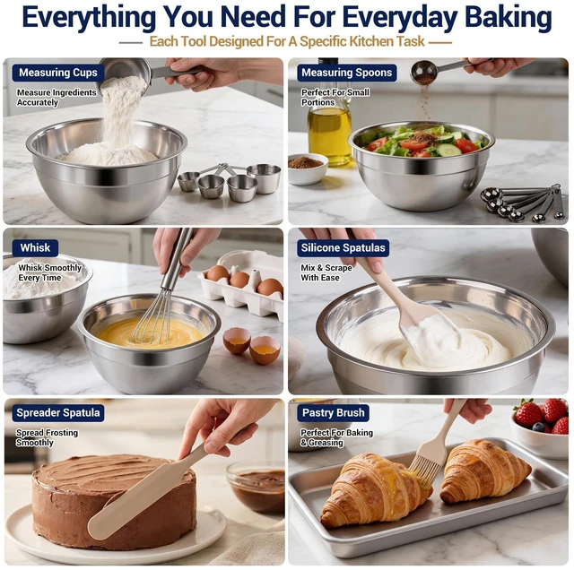 Alt view image 6 of 7 - Mixing Bowls Set, 25PCS Khaki Mixing Bowls With Lids Set Stainless Steel Kitchen Large Nesting Metal Bowl 7QT to 1.5QT, Measuring Cups and Spoons for Prepping Cooking Serving