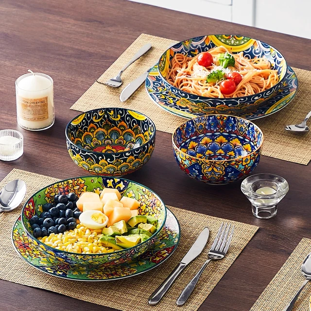 Alt view image 5 of 7 - Pasta Bowls Set of 4, 42oz Ceramic Serving Bowls,Boho Pasta Plates
Large Shallow Bowls for Pasta, Salad, Soup, 42 oz Colorful Bowl Plates, Microwave and Dishwasher Safe Dinner Bowls