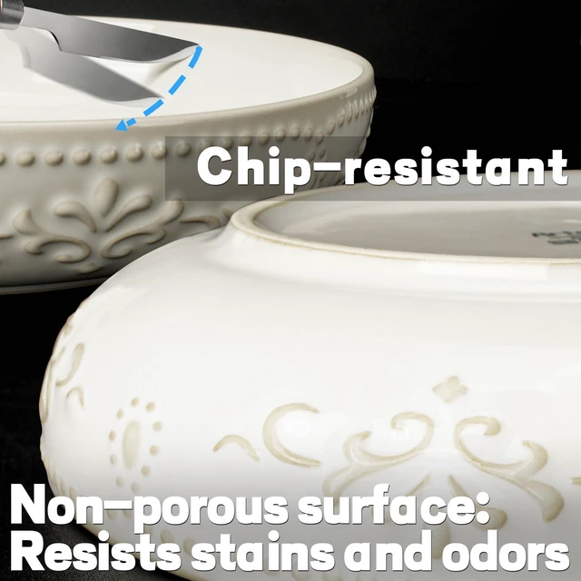Alt view image 7 of 7 - Pasta Bowls, 50oz Large Salad Serving Bowls, 9.75'' Plates Bowls Set of 4, Big White Ceramic Soup Bowls for Kitchen, Embossment Shallow Dinner Bowl, Microwave Dishwasher Safe, Multiple Patterns