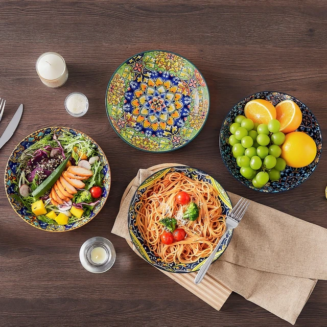 Alt view image 6 of 7 - Pasta Bowls Set of 4, 42oz Ceramic Serving Bowls,Boho Pasta Plates
Large Shallow Bowls for Pasta, Salad, Soup, 42 oz Colorful Bowl Plates, Microwave and Dishwasher Safe Dinner Bowls