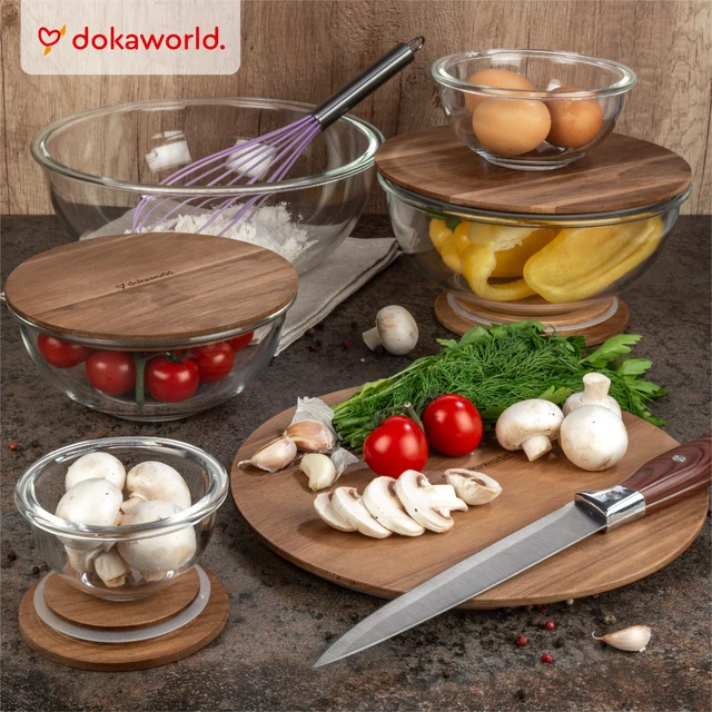 Alt view image 2 of 7 - Stackable Glass Mixing Bowls with Acacia Lids Set of 5
Microwave & Oven-ready. Durable Heat Resistant Inert Borosilicate Glass. For Foodprep, Storage, Mixing & Cooking