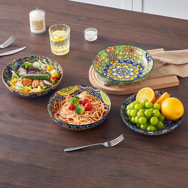 Alt view image 7 of 7 - Pasta Bowls Set of 4, 42oz Ceramic Serving Bowls,Boho Pasta Plates
Large Shallow Bowls for Pasta, Salad, Soup, 42 oz Colorful Bowl Plates, Microwave and Dishwasher Safe Dinner Bowls