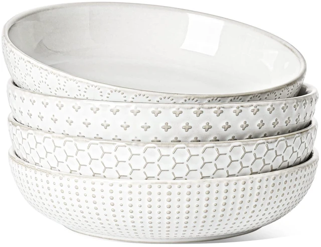 Main image of Pasta Bowl 36 oz, Salad Bowl Serving Plate Bowls, Housewarming Wedding Present, Ceramic Embossment Bowl for Pasta, Fruits, Salad, Noodle, Dinner - 8 Inch, Set of 4, Arctic White