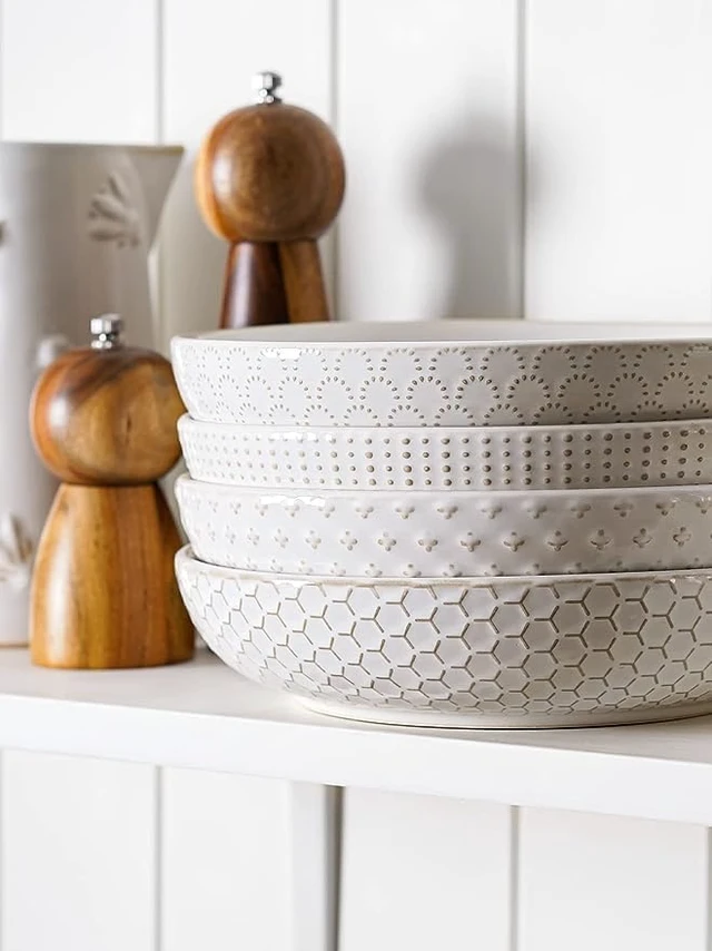 Alt view image 2 of 5 - Pasta Bowl 36 oz, Salad Bowl Serving Plate Bowls, Housewarming Wedding Present, Ceramic Embossment Bowl for Pasta, Fruits, Salad, Noodle, Dinner - 8 Inch, Set of 4, Arctic White