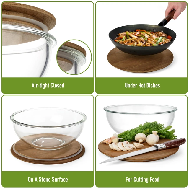 Alt view image 3 of 7 - Stackable Glass Mixing Bowls with Acacia Lids Set of 5
Microwave & Oven-ready. Durable Heat Resistant Inert Borosilicate Glass. For Foodprep, Storage, Mixing & Cooking
