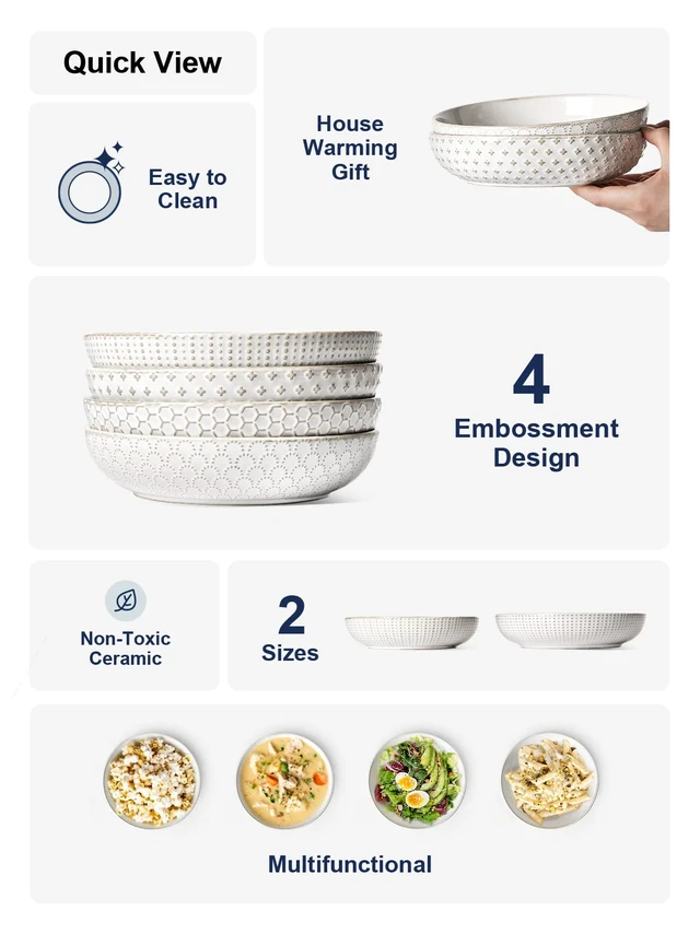 Alt view image 3 of 5 - Pasta Bowl 36 oz, Salad Bowl Serving Plate Bowls, Housewarming Wedding Present, Ceramic Embossment Bowl for Pasta, Fruits, Salad, Noodle, Dinner - 8 Inch, Set of 4, Arctic White