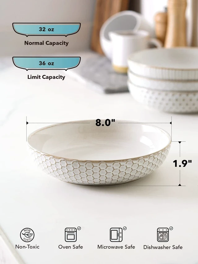 Alt view image 4 of 5 - Pasta Bowl 36 oz, Salad Bowl Serving Plate Bowls, Housewarming Wedding Present, Ceramic Embossment Bowl for Pasta, Fruits, Salad, Noodle, Dinner - 8 Inch, Set of 4, Arctic White