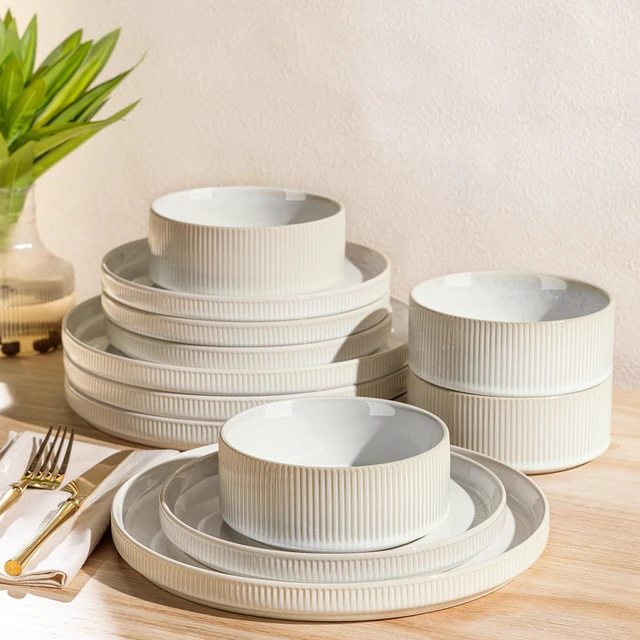 Main image of Ceramic Dinnerware Set for 4, 12-Piece Plates and Bowls Set
Lightweight Porcelain Dish Set, Scratch Resistant, Oven & Microwave & Dishwasher Safe, Reactive White