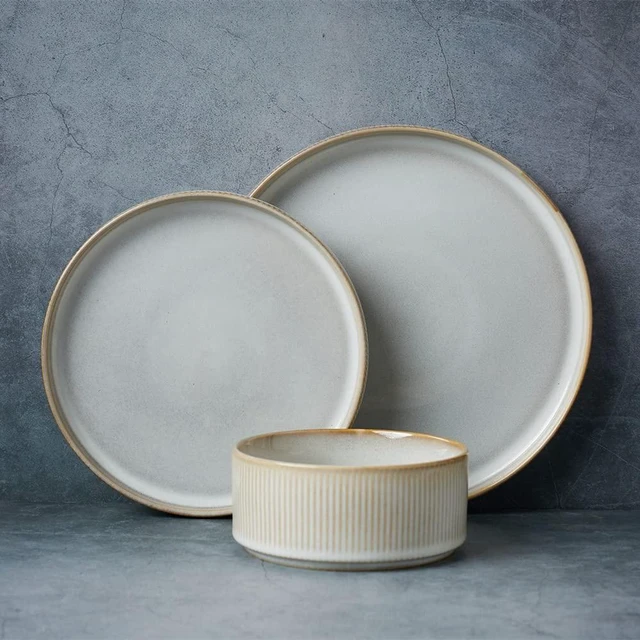 Main image of Star Stoneware Dinnerware Set, Reactive Glaze Plates & Bowls for 4
12 pcs Handmade Ribbed Dishes, Chip & Scratch Resistant Ceramic. Microwave & Dishwasher Safe, Modern Luxury, Cappuccino White