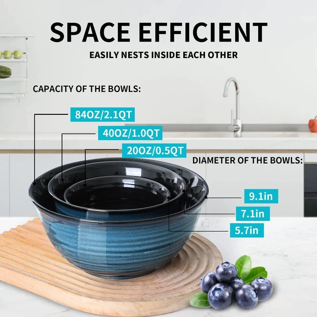 Alt view image 2 of 6 - Ceramic Serving Bowls Set, 2.1/1.0/0.5 Qt Nesting Bowls, Blue
Handmade Medium Mixing Bowls for Entertaining and Party, Kitchen Bowls for Housewarming Gifts, Microwave Dishwasher Safe