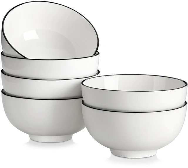 Main image of 26 Oz Ceramic Cereal Bowls Set of 6 - White Bowl wtih Black Rim
Perfect for soup, cereal, ramen, rice, oatmeal & salad; Scratch-resistant; stackable, microwave, oven & dishwasher safe