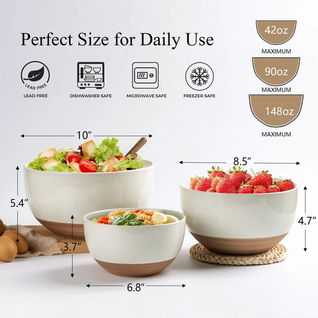 Alt view image 2 of 7 - Ceramic Mixing Bowls,Stoneware Nesting Bowls Set of 3 for Kitchen
Rustic Terracotta Underside for Mixing,Cooking,Baking,Salad,Microwave&Dishwasher Safe 4.6/2.8/1.3 Qt-Beige