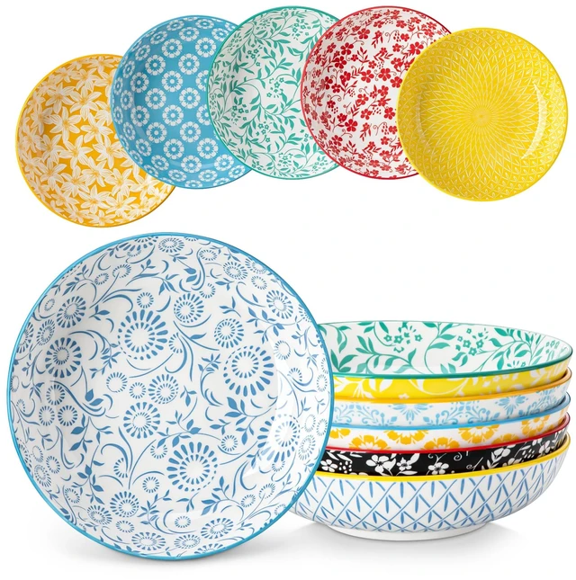Main image of 8.5" Pasta Bowls Set of 6, 40 oz Porcelain Shallow Salad Bowls, Serving Bowls Large Kitchen Bowl Plates Pasta Dishes Plates, Colorful Floral Design, Microwave Safe, Series SELENE