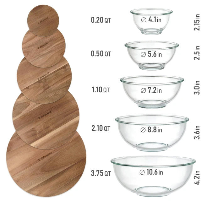 Alt view image 5 of 7 - Stackable Glass Mixing Bowls with Acacia Lids Set of 5
Microwave & Oven-ready. Durable Heat Resistant Inert Borosilicate Glass. For Foodprep, Storage, Mixing & Cooking