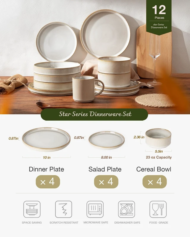Alt view image 2 of 7 - Star Stoneware Dinnerware Set, Reactive Glaze Plates & Bowls for 4
12 pcs Handmade Ribbed Dishes, Chip & Scratch Resistant Ceramic. Microwave & Dishwasher Safe, Modern Luxury, Cappuccino White