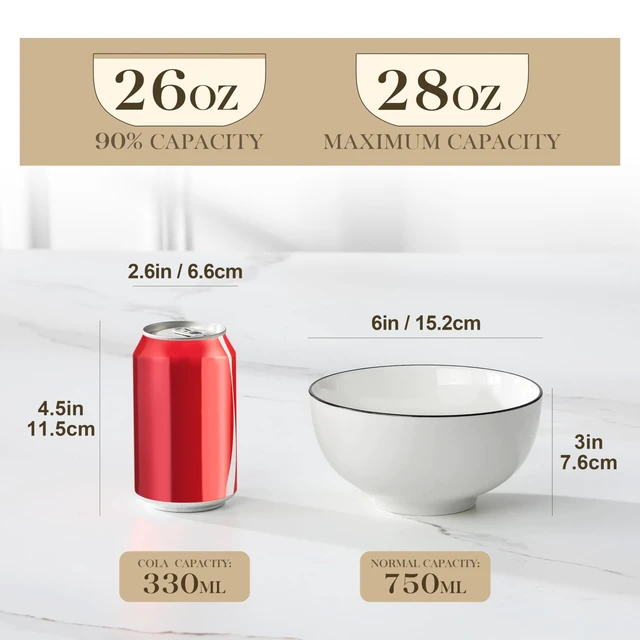 Alt view image 2 of 7 - 26 Oz Ceramic Cereal Bowls Set of 6 - White Bowl wtih Black Rim
Perfect for soup, cereal, ramen, rice, oatmeal & salad; Scratch-resistant; stackable, microwave, oven & dishwasher safe