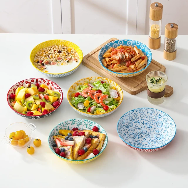 Alt view image 2 of 7 - 8.5" Pasta Bowls Set of 6, 40 oz Porcelain Shallow Salad Bowls, Serving Bowls Large Kitchen Bowl Plates Pasta Dishes Plates, Colorful Floral Design, Microwave Safe, Series SELENE