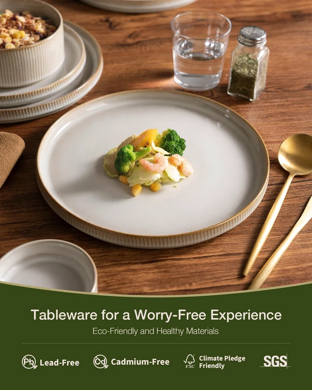 Alt view image 3 of 7 - Star Stoneware Dinnerware Set, Reactive Glaze Plates & Bowls for 4
12 pcs Handmade Ribbed Dishes, Chip & Scratch Resistant Ceramic. Microwave & Dishwasher Safe, Modern Luxury, Cappuccino White