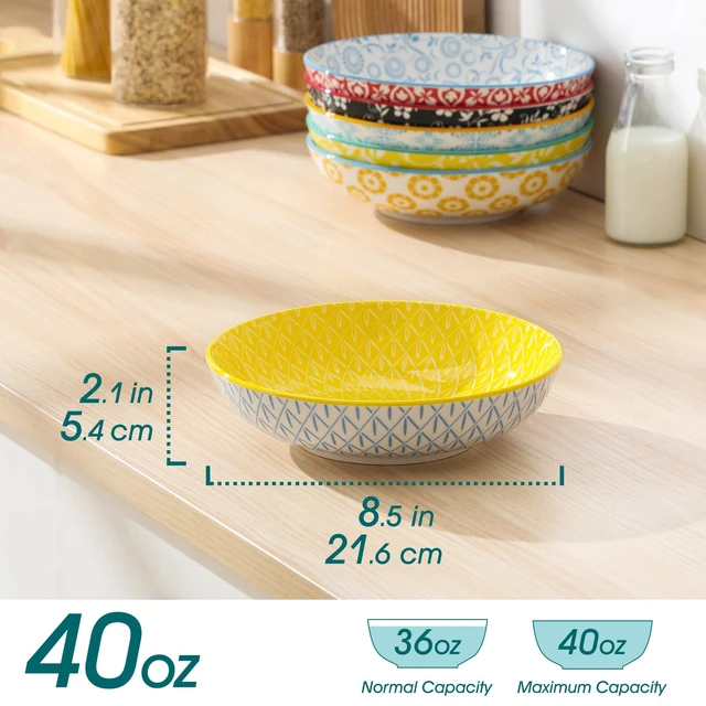 Alt view image 3 of 7 - 8.5" Pasta Bowls Set of 6, 40 oz Porcelain Shallow Salad Bowls, Serving Bowls Large Kitchen Bowl Plates Pasta Dishes Plates, Colorful Floral Design, Microwave Safe, Series SELENE