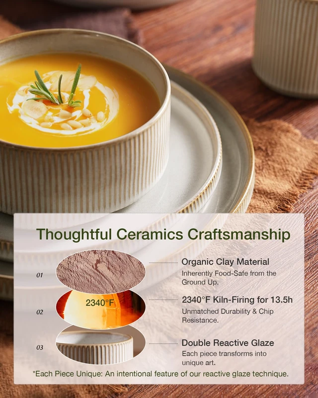 Alt view image 4 of 7 - Star Stoneware Dinnerware Set, Reactive Glaze Plates & Bowls for 4
12 pcs Handmade Ribbed Dishes, Chip & Scratch Resistant Ceramic. Microwave & Dishwasher Safe, Modern Luxury, Cappuccino White
