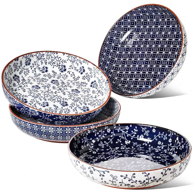 Main image of Pasta Bowl 32 oz, Ceramic Salad Bowl Set of 4, Japanese-Style Porcelain Bowls for Pasta, Salad, Soup, Noodle, Rice, Microwave & Dishwasher Safe - 8.2 Inch, Blue & White