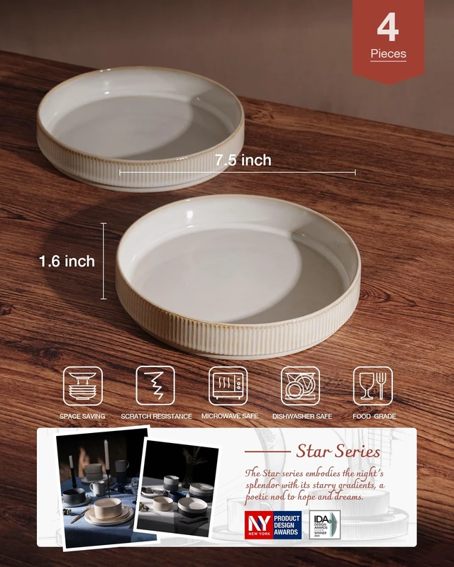 Alt view image 2 of 7 - Star 7.5" Pasta Bowls Set of 4, Plate Bowls, Cappuccino White
Double Reactive Glaze, Microwave & Dishwasher Safe, Lead-free and Cadmium-free, Stoneware Scratch Resistant, Kitchen Bowls