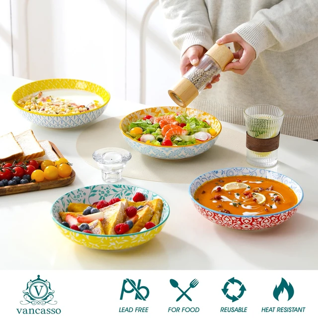 Alt view image 4 of 7 - 8.5" Pasta Bowls Set of 6, 40 oz Porcelain Shallow Salad Bowls, Serving Bowls Large Kitchen Bowl Plates Pasta Dishes Plates, Colorful Floral Design, Microwave Safe, Series SELENE
