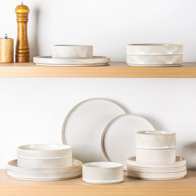 Alt view image 6 of 7 - Ceramic Dinnerware Set for 4, 12-Piece Plates and Bowls Set
Lightweight Porcelain Dish Set, Scratch Resistant, Oven & Microwave & Dishwasher Safe, Reactive White