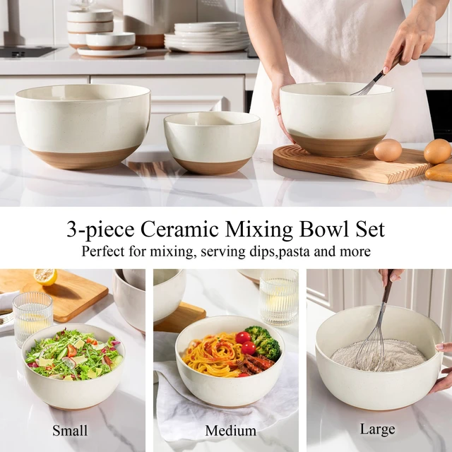 Alt view image 5 of 7 - Ceramic Mixing Bowls,Stoneware Nesting Bowls Set of 3 for Kitchen
Rustic Terracotta Underside for Mixing,Cooking,Baking,Salad,Microwave&Dishwasher Safe 4.6/2.8/1.3 Qt-Beige