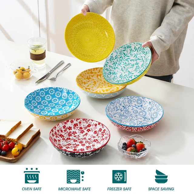 Alt view image 5 of 7 - 8.5" Pasta Bowls Set of 6, 40 oz Porcelain Shallow Salad Bowls, Serving Bowls Large Kitchen Bowl Plates Pasta Dishes Plates, Colorful Floral Design, Microwave Safe, Series SELENE