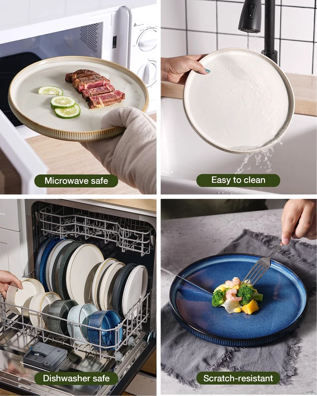 Alt view image 5 of 7 - Star Stoneware Dinnerware Set, Reactive Glaze Plates & Bowls for 4
12 pcs Handmade Ribbed Dishes, Chip & Scratch Resistant Ceramic. Microwave & Dishwasher Safe, Modern Luxury, Cappuccino White