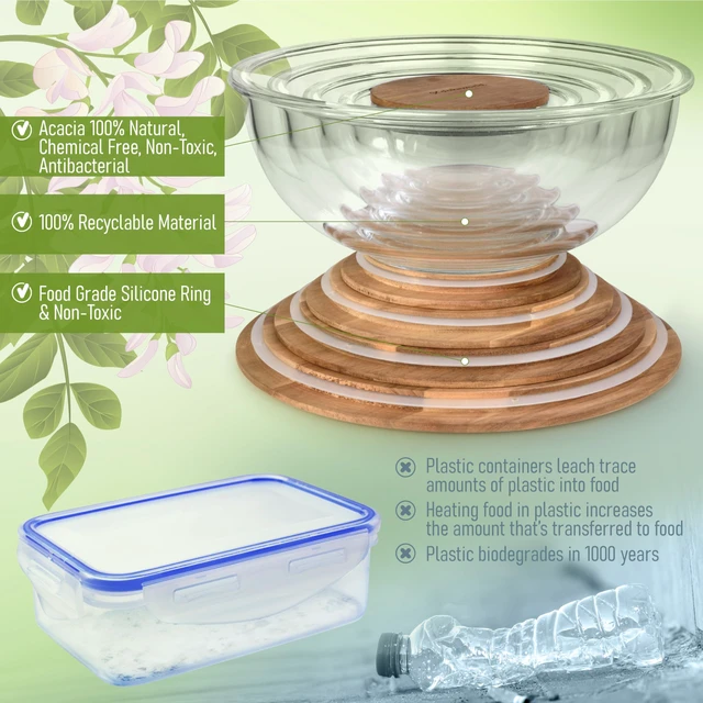 Alt view image 6 of 7 - Stackable Glass Mixing Bowls with Acacia Lids Set of 5
Microwave & Oven-ready. Durable Heat Resistant Inert Borosilicate Glass. For Foodprep, Storage, Mixing & Cooking